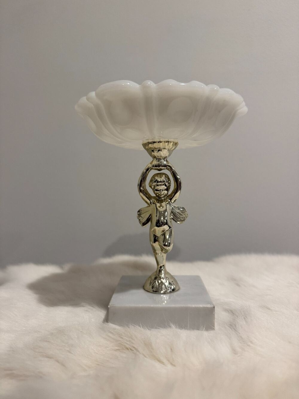 Vintage Hollywood Regency Putti Cherub Milk Glass Compote Italian Marble Base 6"